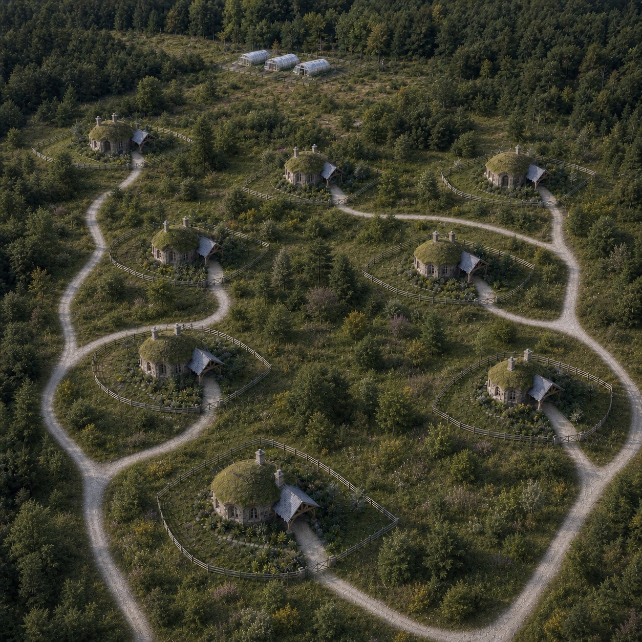 A limited cluster of TerraViae's fieldstone concept homes with living roofs integrated into restored Appalachian habitat.