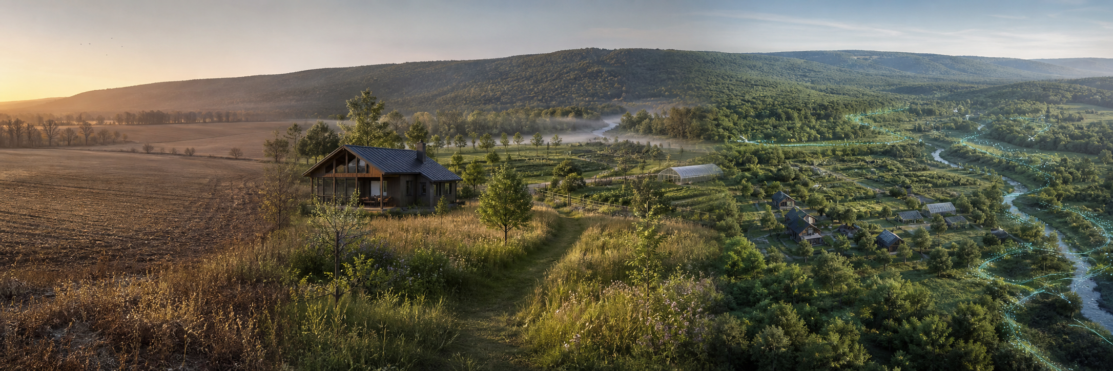 Photorealistic conceptual progression from open farmland to a cottage and gardens, then to a wider habitat-first community landscape.